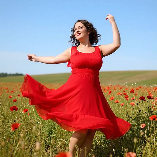 Photograph of a joyful, dark-haired woman in a flowing red dress, arms raised, dancing in a vibrant field of red poppies under a clear