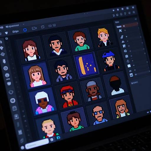 Close-up photograph of a pixel art character grid on a laptop screen, featuring 12 colorful, 8-bit style character portraits.