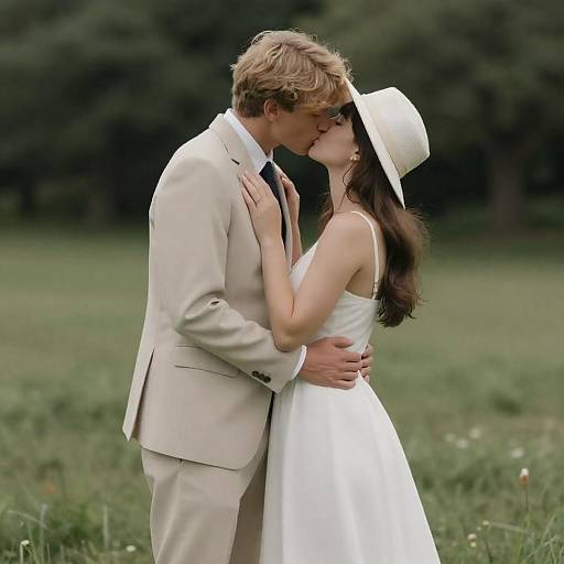 Intimate Couple Kissing in Grassy Field