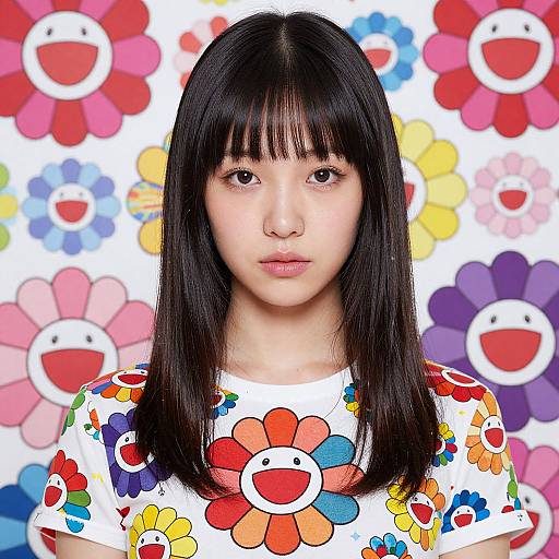 Photograph of an Asian woman with straight black hair, bangs, and fair skin, wearing a white floral shirt, set against a colorful background of