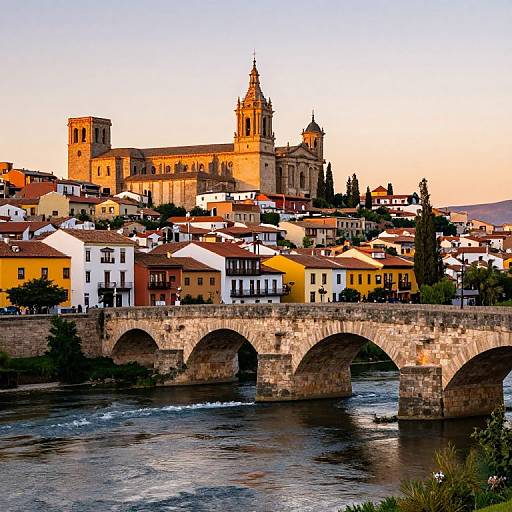 Photograph of a sunlit Spanish town with a stone bridge, river, and prominent cathedral with twin towers, surrounded by colorful buildings.