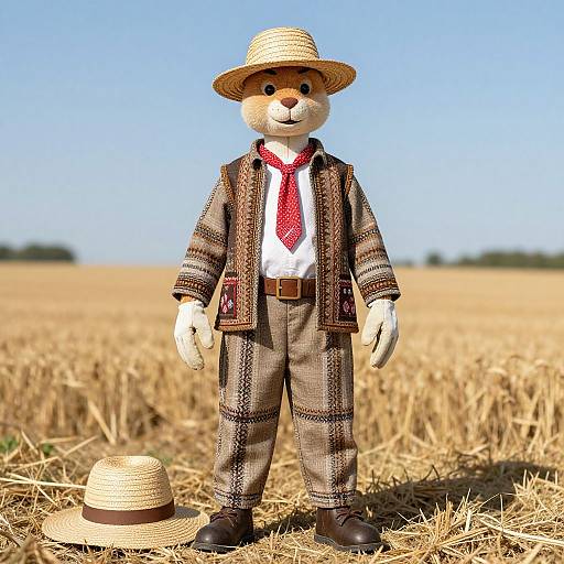 Photograph of a stuffed bear in a straw hat, plaid suit, red tie, and brown vest, standing in a golden wheat field. A