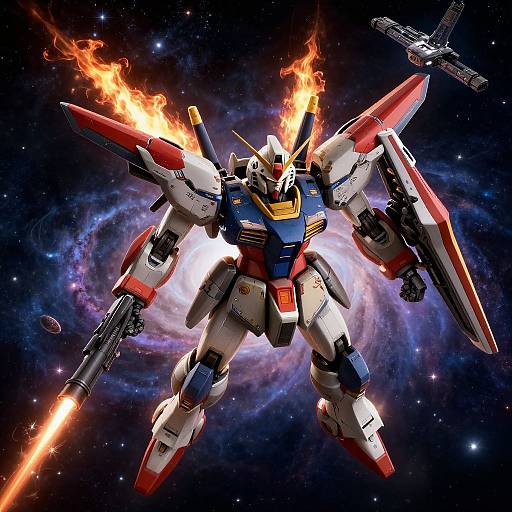 Digital artwork of a fiery, red, blue, and white Gundam-style mecha with glowing eyes, wielding a laser sword, against a swirling galaxy and