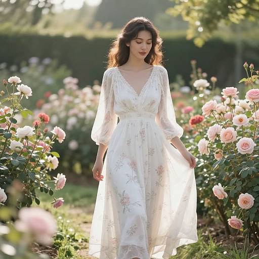 Photograph of a young woman with wavy brown hair in a white, floral-patterned, V-neck dress, walking through a sunlit rose garden