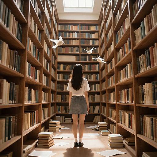 Photograph of a woman with long black hair, white shirt, and blue skirt, standing in a sunlit library aisle with two white birds flying above