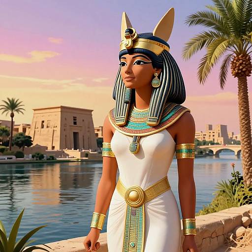 Digital artwork of an African woman in ancient Egyptian attire with blue-black hair, gold headdress, white dress, and colorful jewelry, standing by a river
