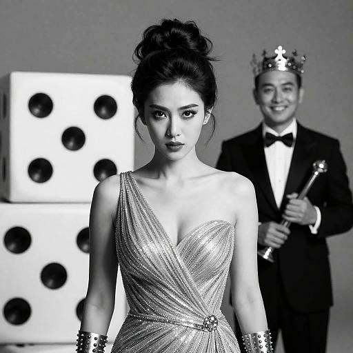 Elegant woman with intense gaze and crowned man in tuxedo