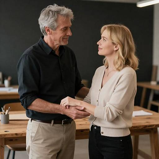 Photograph of an older man with gray hair in a black shirt and beige pants, holding hands with a blonde woman in a white cardigan, standing