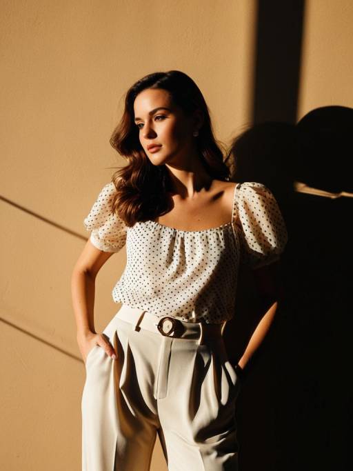 Woman in Chic Ivory Polka Dot Top and Beige Trousers