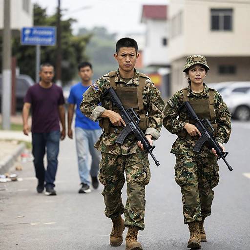 Confident Soldiers in Urban Street Scene