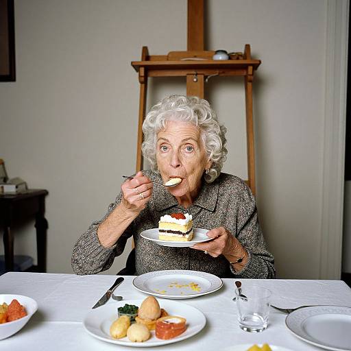 Photograph of an elderly woman with curly white hair, wearing a gray textured jacket, eating a slice of cake at a dining table. Background includes a