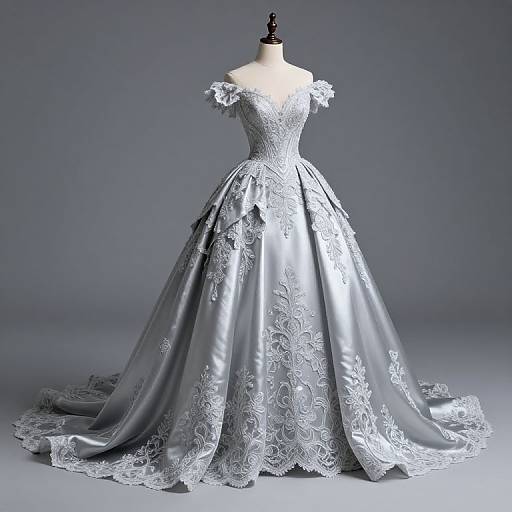 Photograph of an elegant, off-shoulder, silver satin ball gown with intricate lace embroidery and a flowing train on a mannequin.