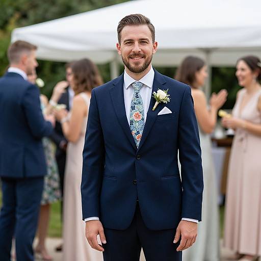 Photograph of a smiling groom in a navy suit with a floral tie, white shirt, and pocket square, standing in front of blurred, laughing brides