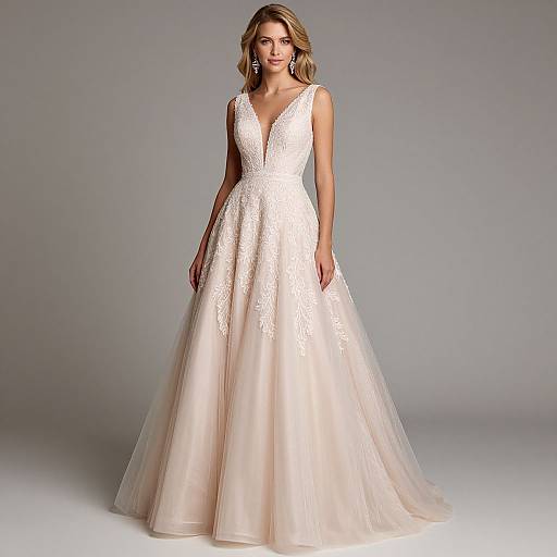 Photograph of a blonde woman in a white, sleeveless, lace-embellished, V-neck wedding gown with a full, flowing tulle