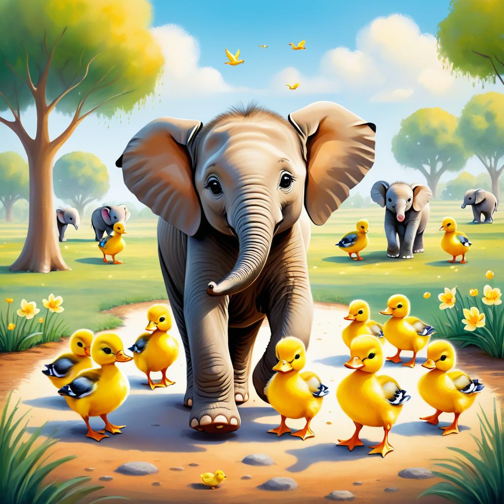 Whimsical Baby Elephant and Ducklings Adventure