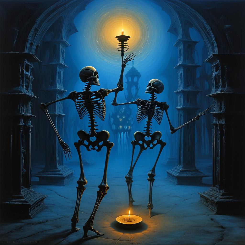 Surreal Dancing Skeleton in Candlelit Shadows