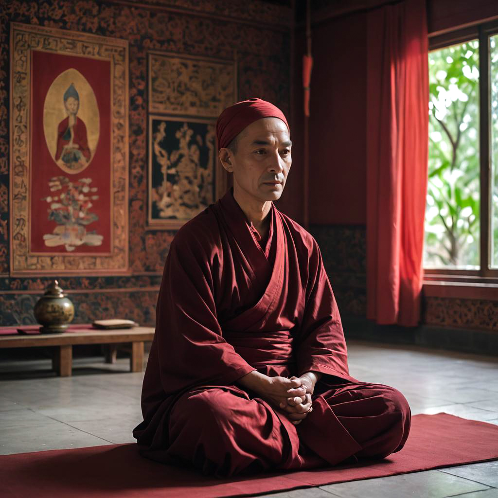 Peaceful Monk Meditating in Red Hall