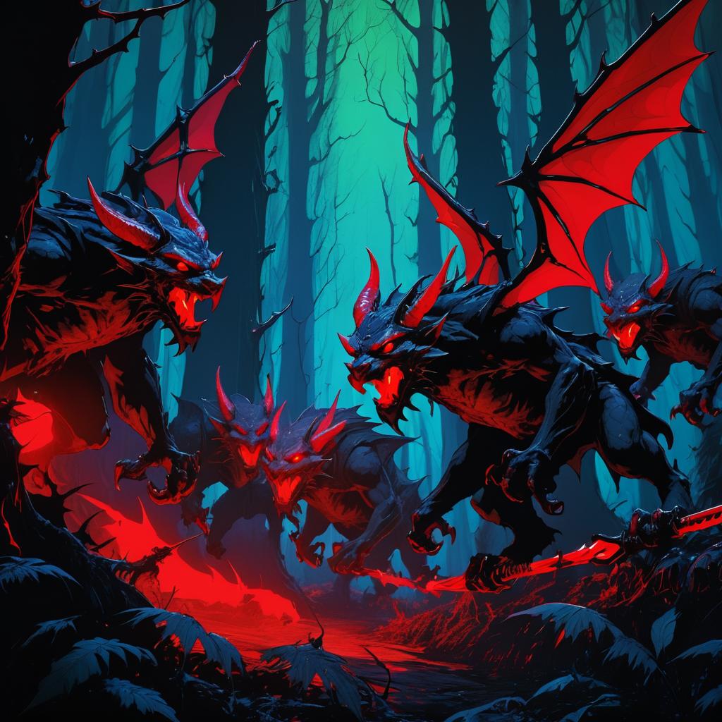 Vibrant Dark Fantasy Gargoyles in Forest