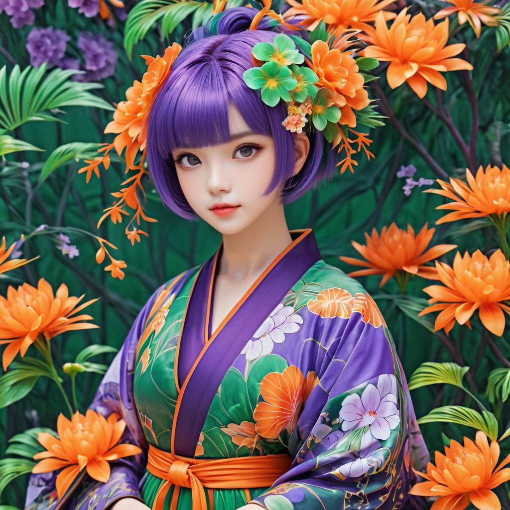 Charming Anime Girl in Floral Kimono