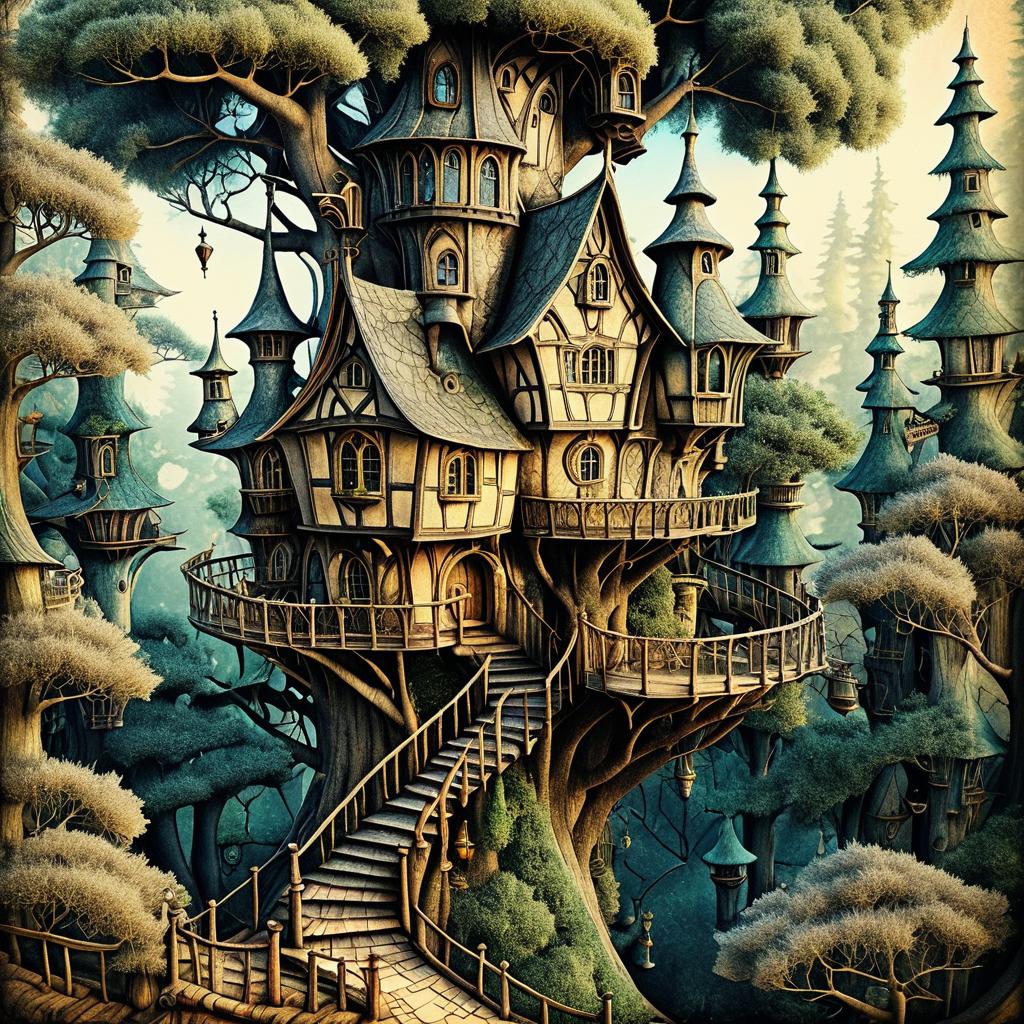 Whimsical Medieval Treehouse Illustration