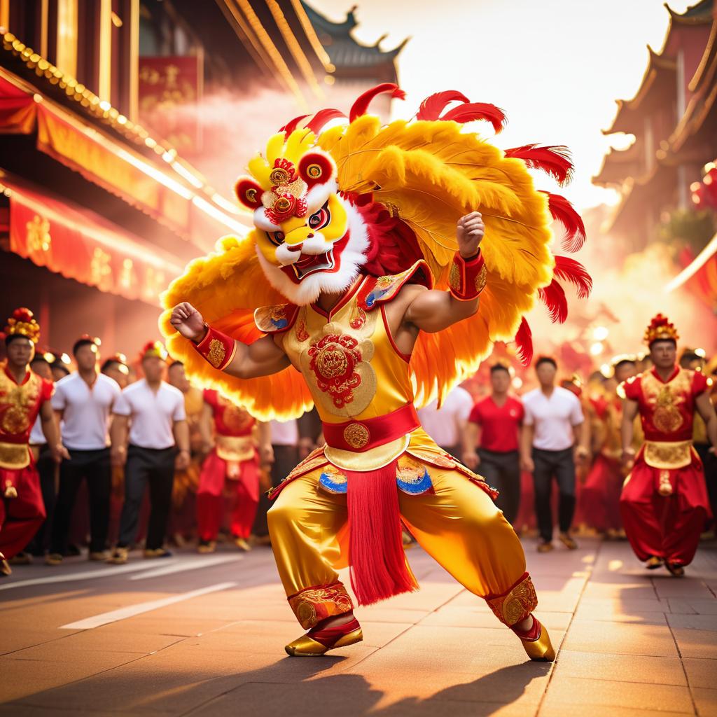 Vibrant Festival Scene with Lion Dancer