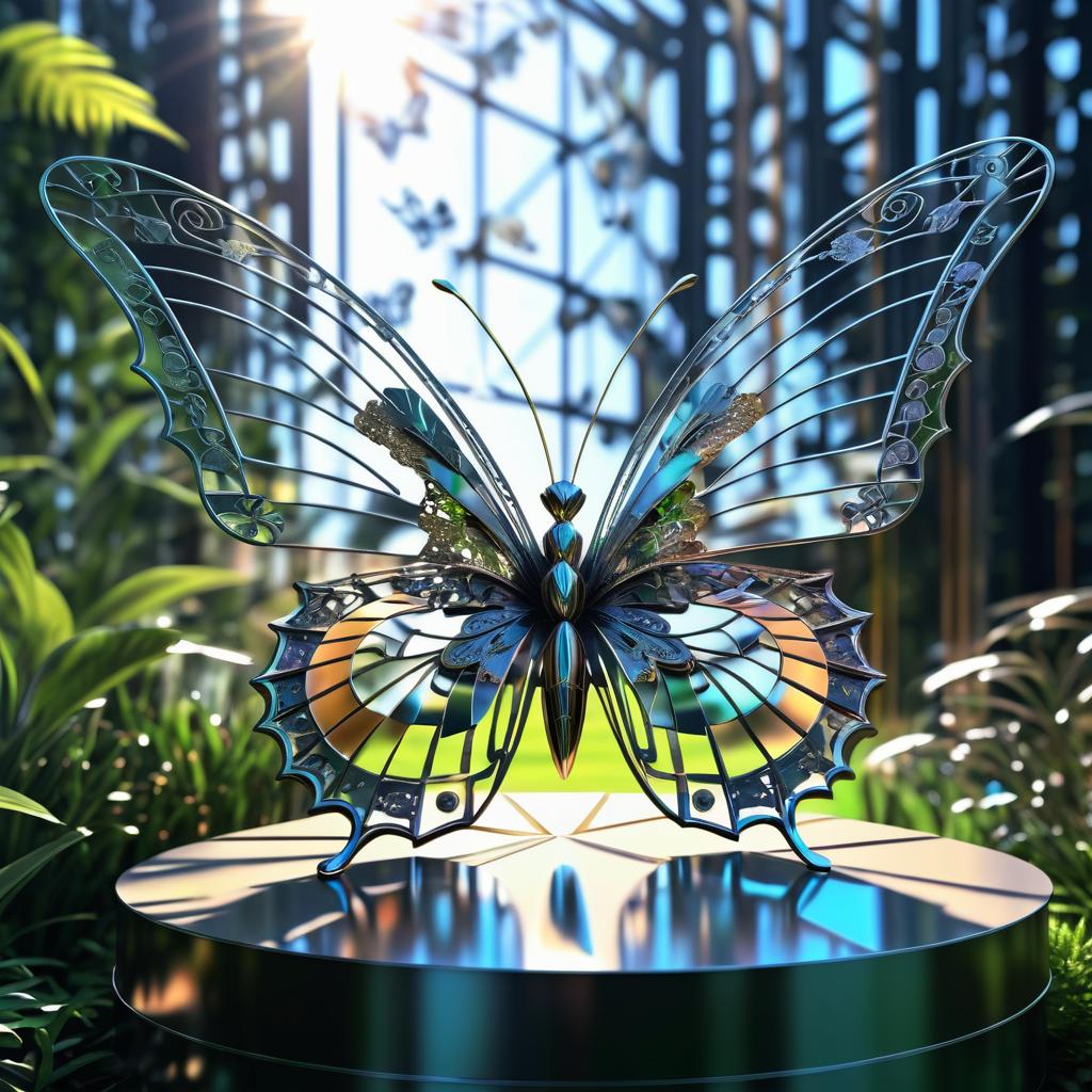 Mechanical Butterfly in a Sunlit Garden