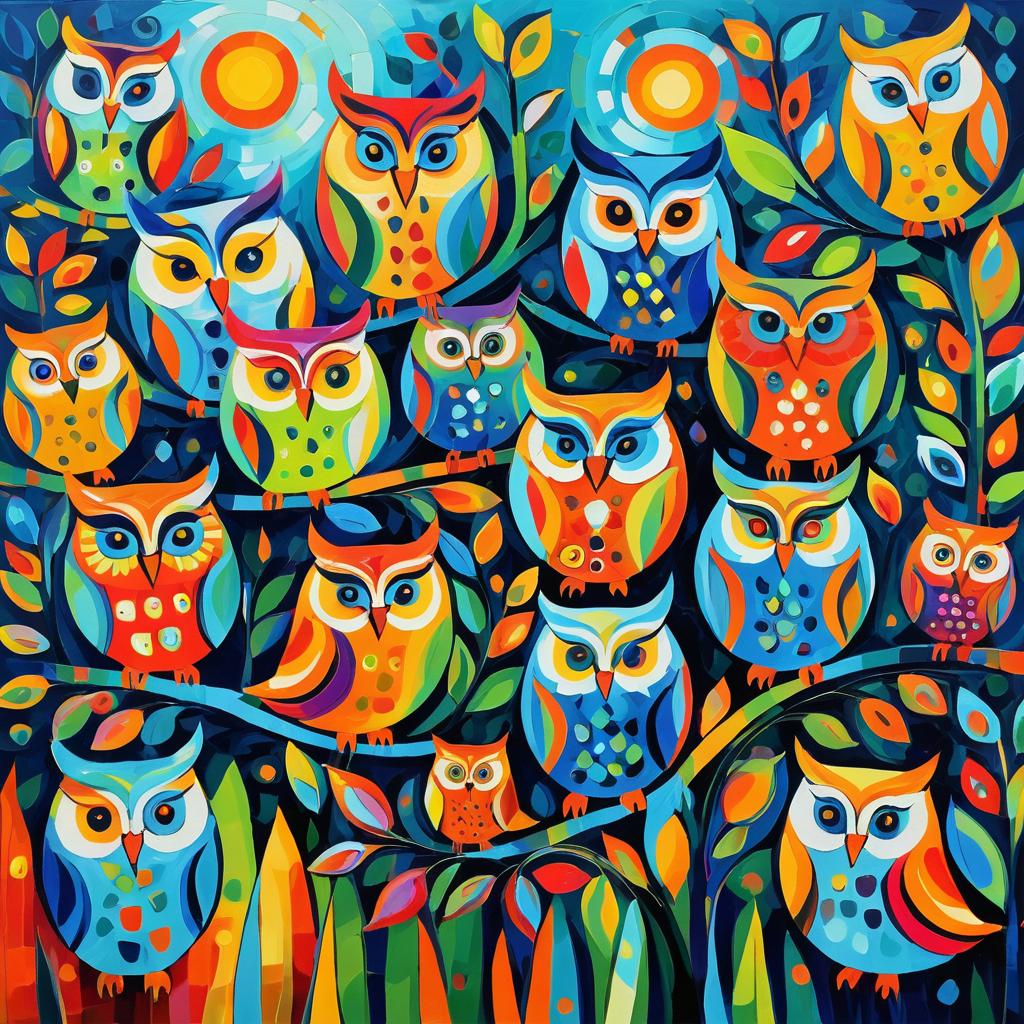 Vibrant Abstract Garden of Owls