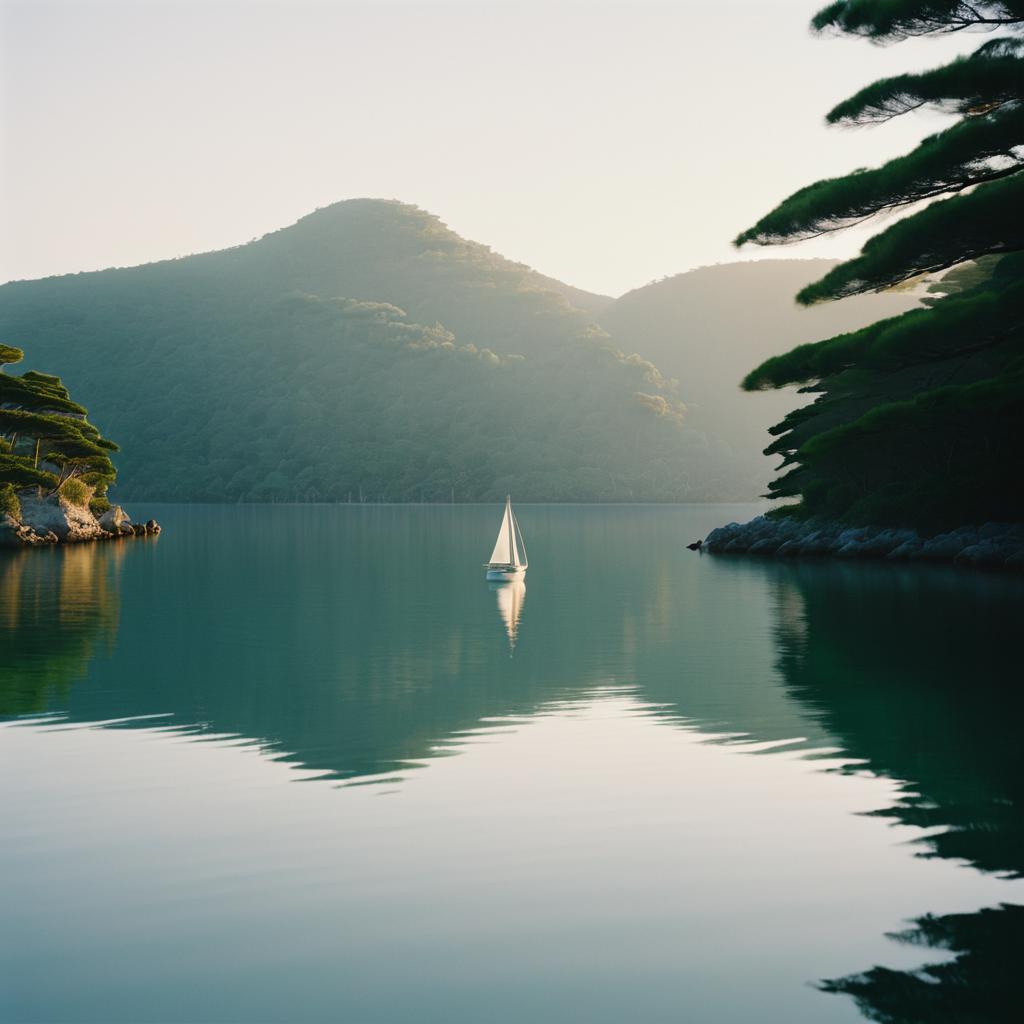 Cinematic Film Still of Sailboat at Dusk