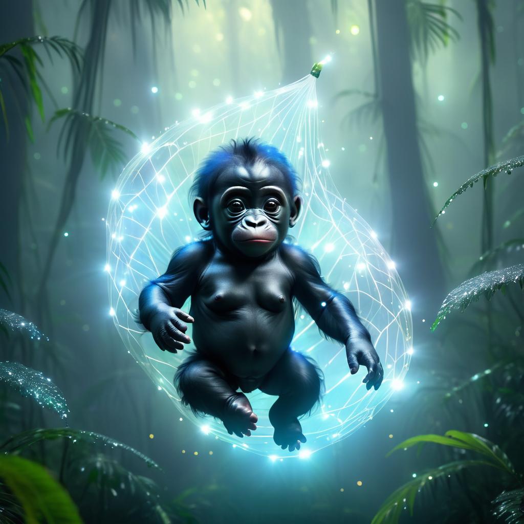 Ethereal Baby Gorilla in Misty Rainforest