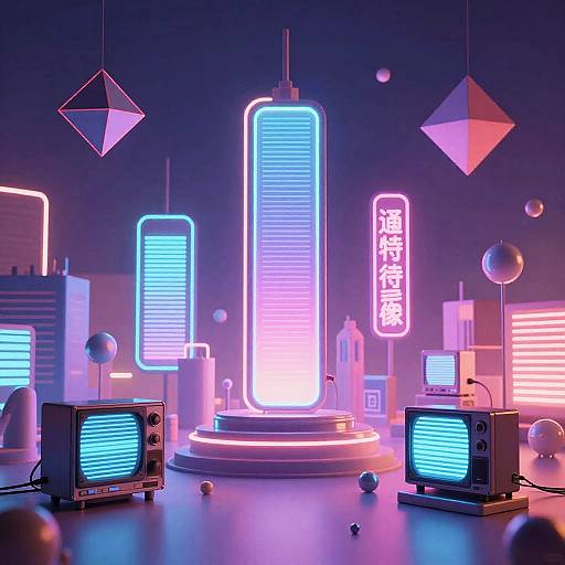 Neon-lit retro futuristic scene with glowing vertical and horizontal neon signs, vintage TVs, geometric hanging lights, and floating spheres.