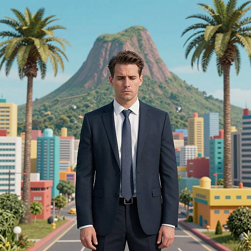 Photograph-style CGI of a serious, dark-haired man in a black suit and tie standing in front of a colorful cityscape with palm trees and a