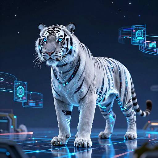 Digital artwork of a glowing white tiger with black stripes, illuminated by blue neon lights, standing on a futuristic, starry grid background with floating circuitry