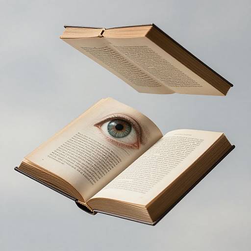 Photograph of an open book with a realistic, blue-eyed human eye replacing the text on one page, floating against a light blue background with another open