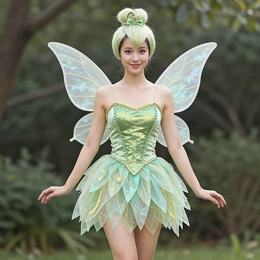 Photograph of a cute, young Asian woman in a green fairy costume with translucent wings, green hair bun, and sparkly bodice, standing in