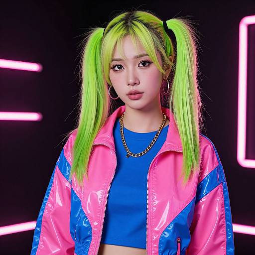 Photograph of an East Asian woman with neon green pigtails, wearing a pink and blue shiny jacket, blue crop top, gold chain necklace,