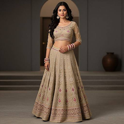 Photograph of a beautiful South Asian woman with long black hair, wearing an ornate beige and pink embroidered traditional lehenga and crop top, standing in