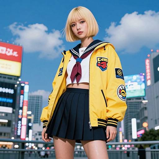 CGI anime-style girl with blonde bob, yellow bomber jacket, black sailor uniform, and pleated skirt, standing in a vibrant cityscape with neon