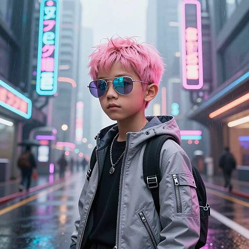 Photograph of a young Asian boy with pink spiky hair, blue mirrored sunglasses, grey hoodie, and black backpack, standing in a neon-lit