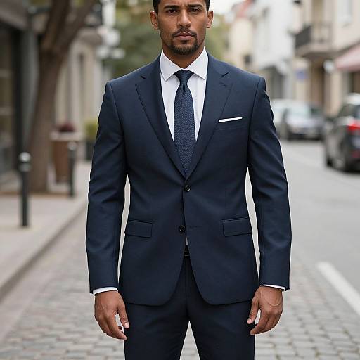 Photograph of a handsome Black man with a trimmed beard, wearing a dark navy suit, white shirt, and black polka-dot tie, standing on