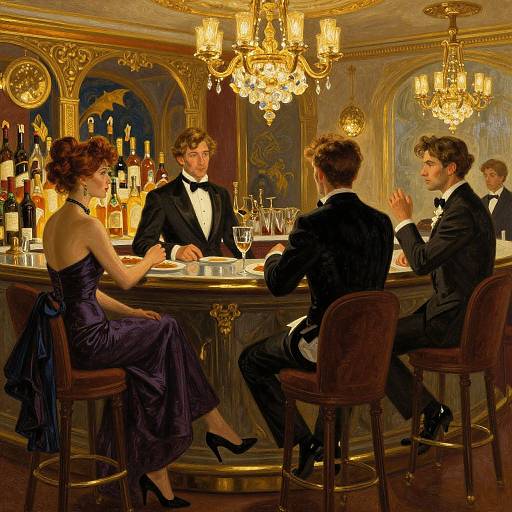 Elegant bar scene: Four well-dressed men and women in black tuxedos and evening gowns, sitting at an ornate bar with