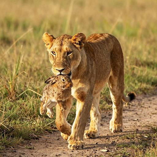Lioness Carrying Rabbit Through Field