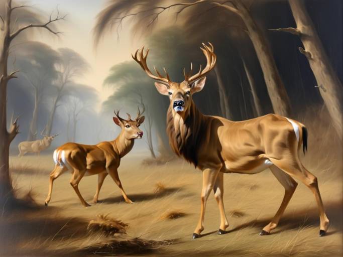Dramatic Oil Painting of Deer and Lion