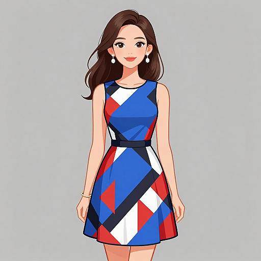Digital anime-style drawing of a smiling woman with long brown hair, wearing a sleeveless, blue, red, white, and black geometric-patterned dress