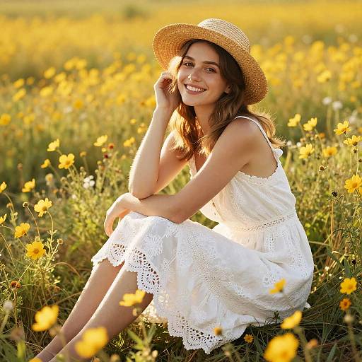Photograph of a smiling young woman with brown hair, wearing a white lace dress and straw hat, sitting in a sunny yellow wildflower field.