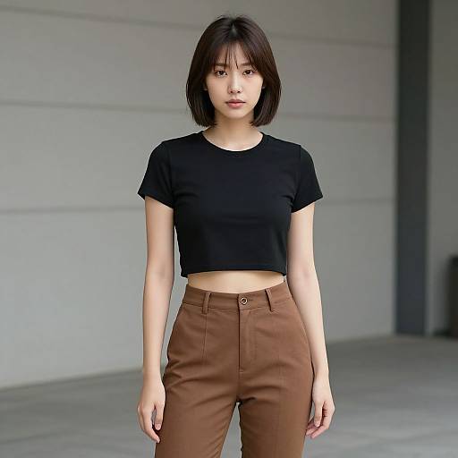 Photograph of an Asian woman with a short black bob, wearing a black crop top and high-waisted brown pants, standing outdoors against a gray