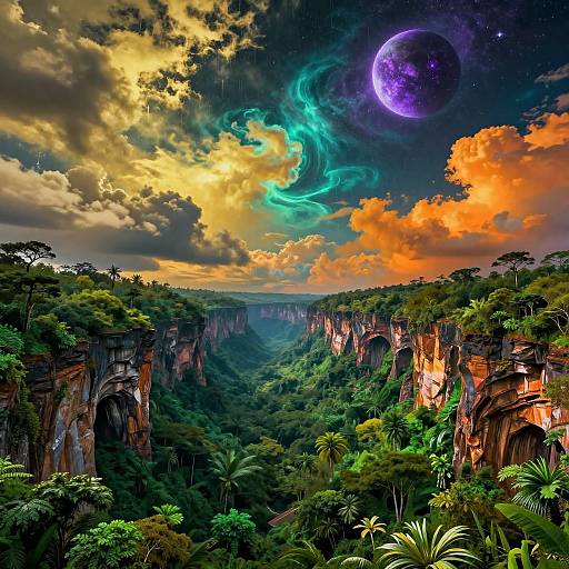 Vibrant fantasy landscape: lush green canyon with towering cliffs, dense foliage, colorful sky with neon green aurora, and a purple planet in the
