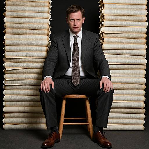 Photograph of a serious, fair-skinned man in a black pinstripe suit, white shirt, and brown tie, sitting on a wooden stool