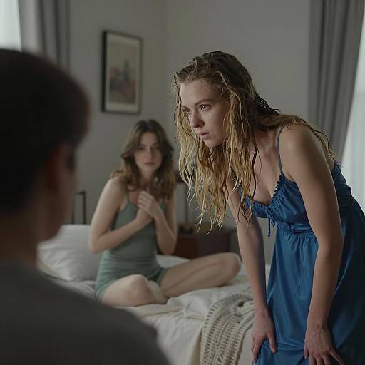 Women in Bedroom with Intense Expression