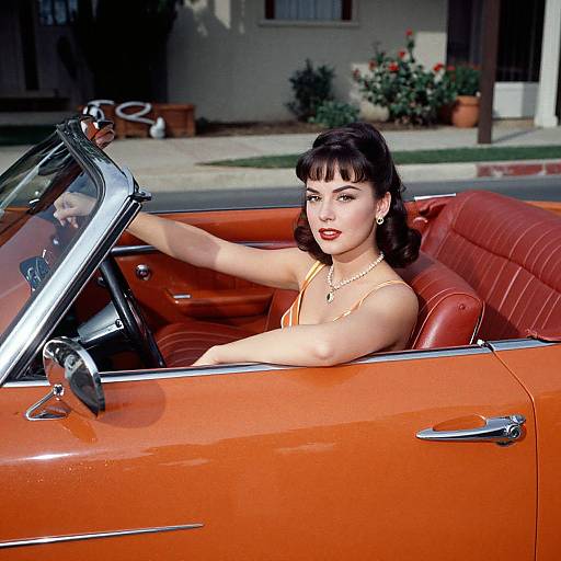 Photograph of a stylish brunette woman with red lipstick, wearing a yellow dress and pearl necklace, driving an orange vintage convertible.