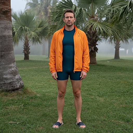 Photograph of a muscular man with short brown hair, wearing an orange jacket, black shorts, and sandals, standing on grass in a foggy palm